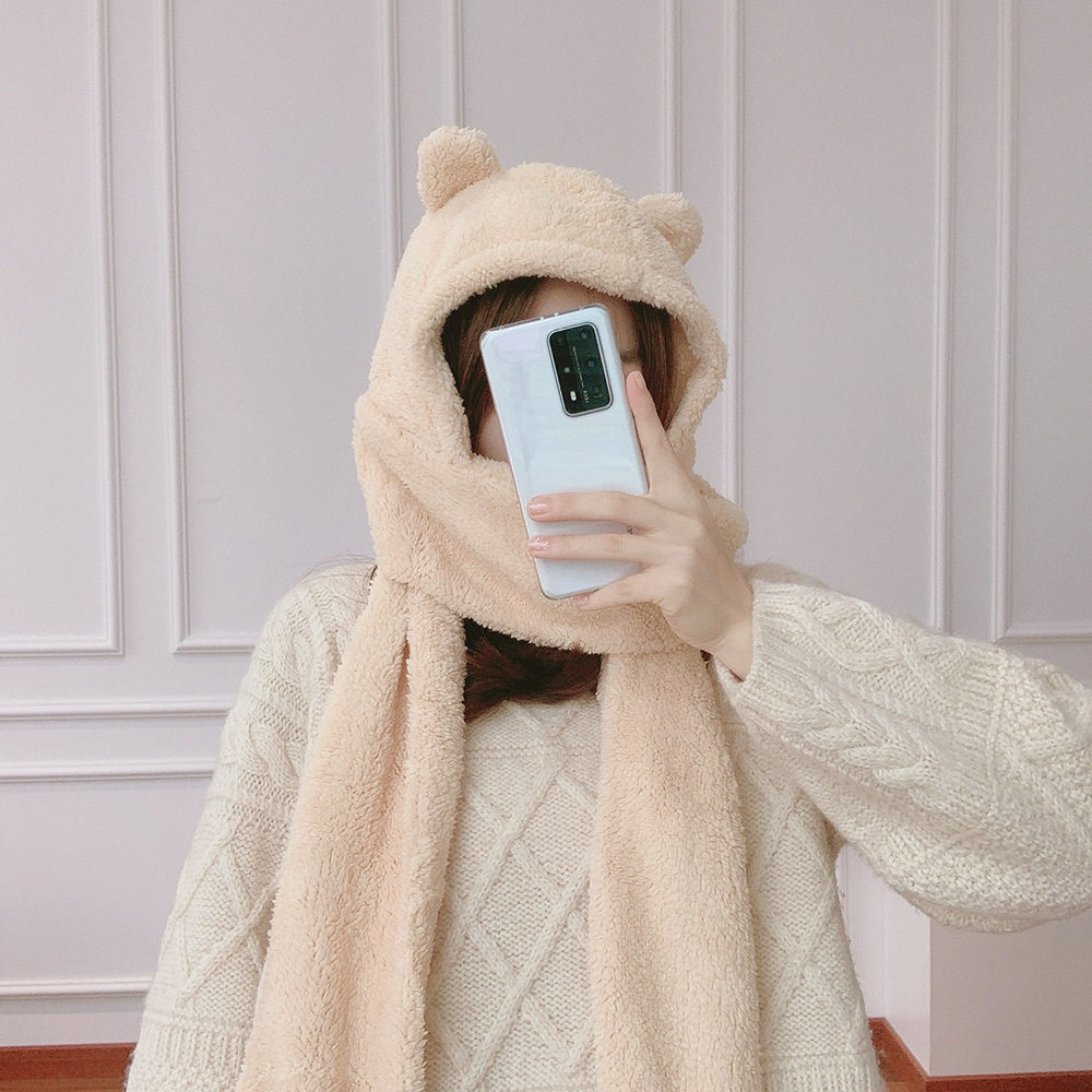 小熊耳朵围巾帽子一体冬季可爱百搭情侣围脖围巾