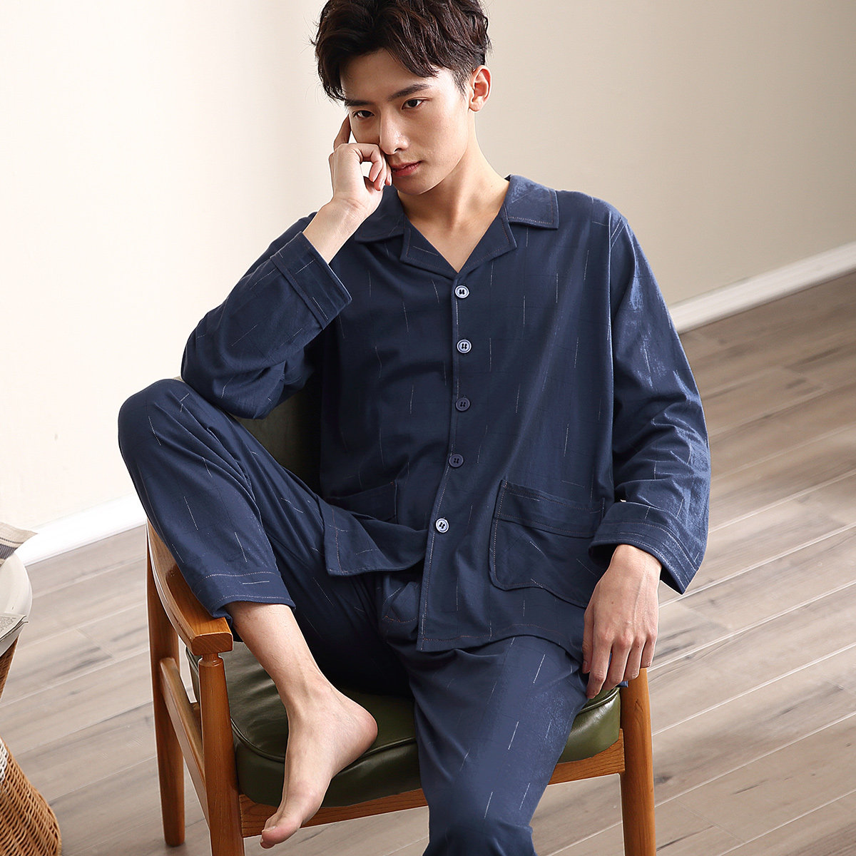 春秋秋季长袖纯棉睡衣中青年男士薄款全棉加大睡衣