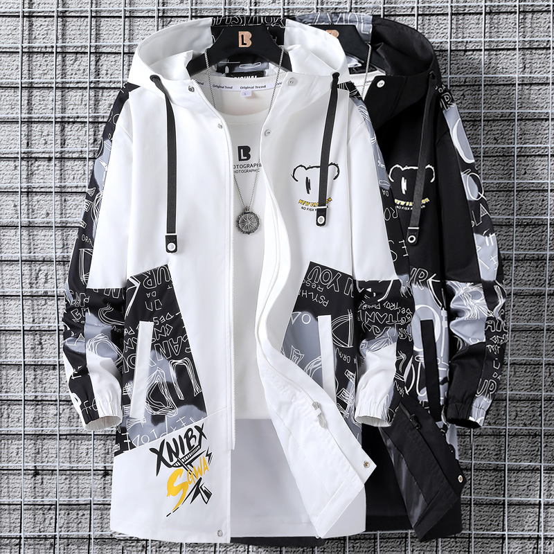 风衣男中长款2022新款春秋季连帽韩版潮流青少年男士宽松夹克外套