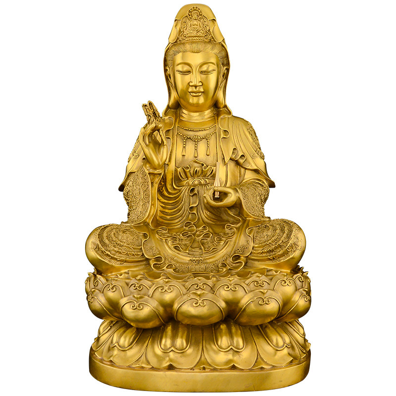 观音佛像铜像黄铜观世音菩萨居家供奉家用坐莲铜观音