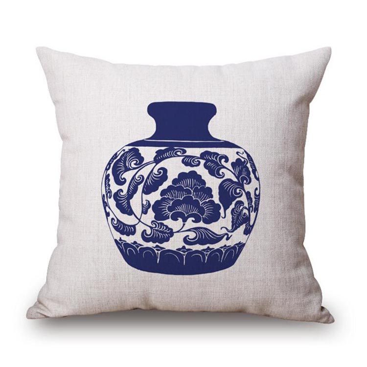 中式青花瓷棉麻抱枕红木客厅沙发靠垫床头靠背靠垫