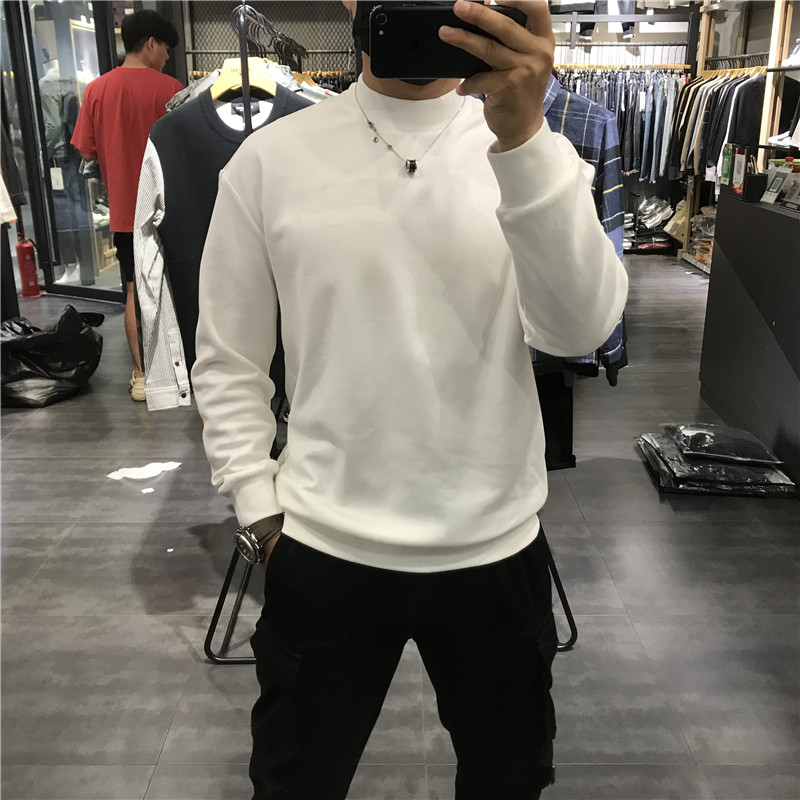 秋季新款男卫衣纯色休闲立领文艺青年港风纯棉落肩加绒打底上衣潮