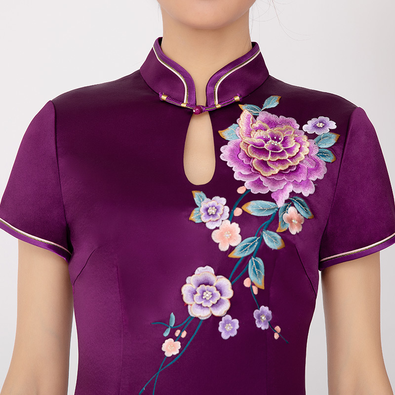 旗袍木真了改良新品中式立体牡丹花刺绣复古宴会旗袍