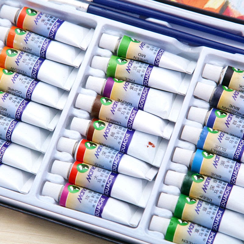 颜料包邮马利水粉画24色美术水粉5ml2支画笔水粉颜料