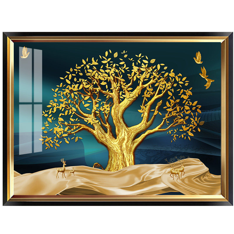 发财树入户壁画玄关横版过道装饰画高档美式轻奢现代装饰画
