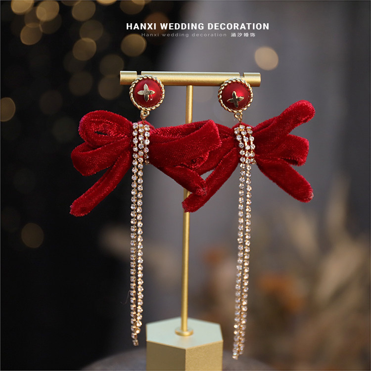 新款红色丝绒流梳蝴蝶结耳环新娘婚礼敬酒配饰耳环