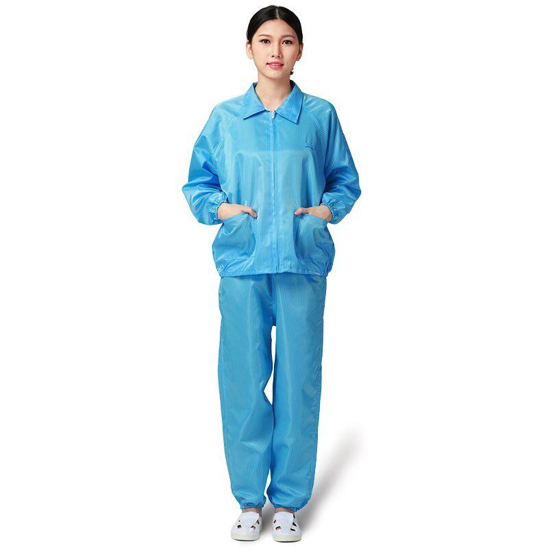 工装女士防尘夏季条纹套装蓝色静电服工作服白色厂服灰尘女款拉链
