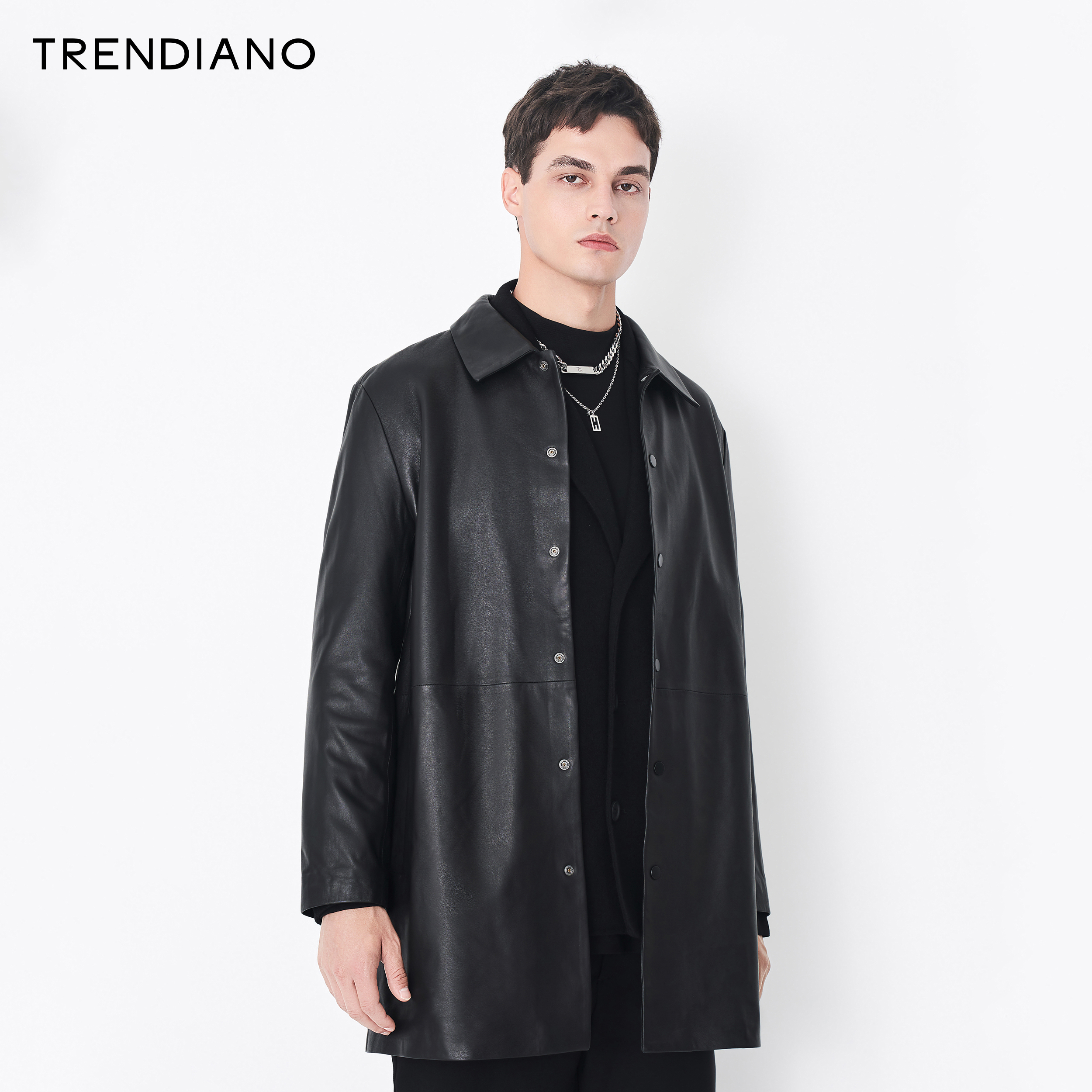 trendiano官方潮牌男装秋冬中长款翻领时尚真皮皮衣潮流外套男 - 券