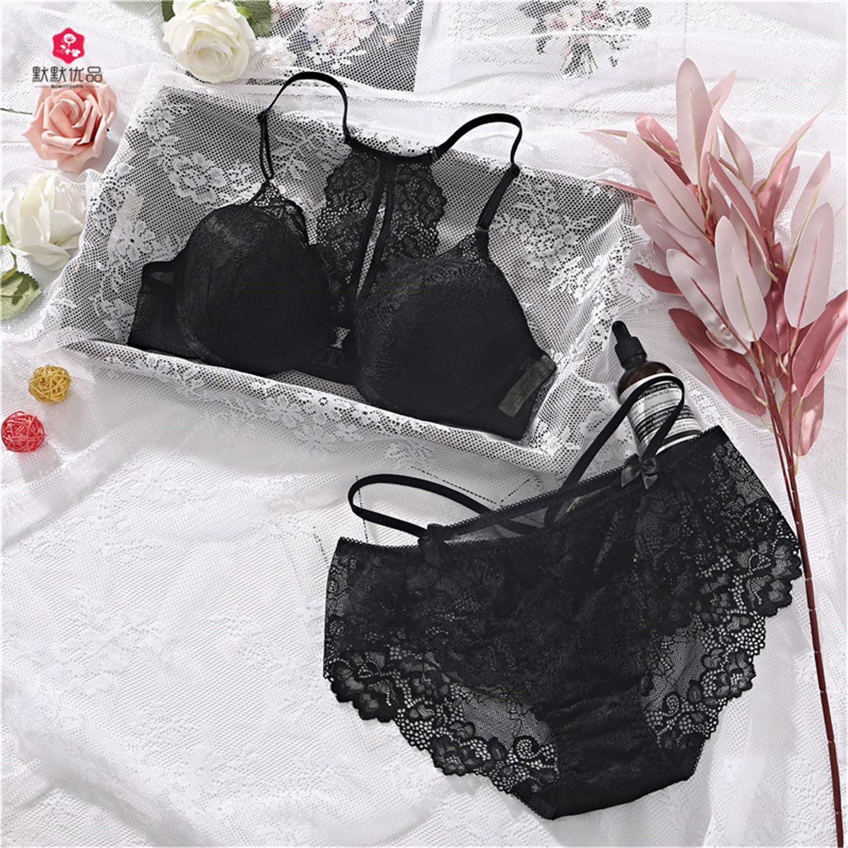韩国品牌新款内衣女性性感蕾丝美背撞色肩带文胸套装
