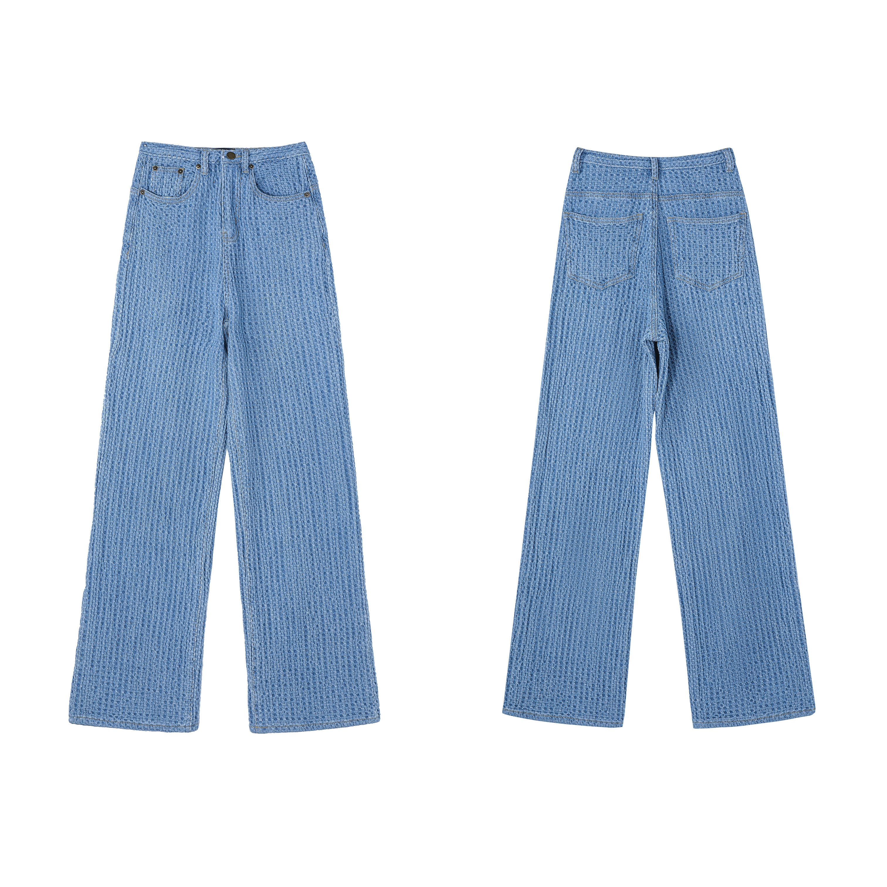 chicyou凹凸纹理蓝色直筒高腰裤子宽松松显百搭牛仔裤