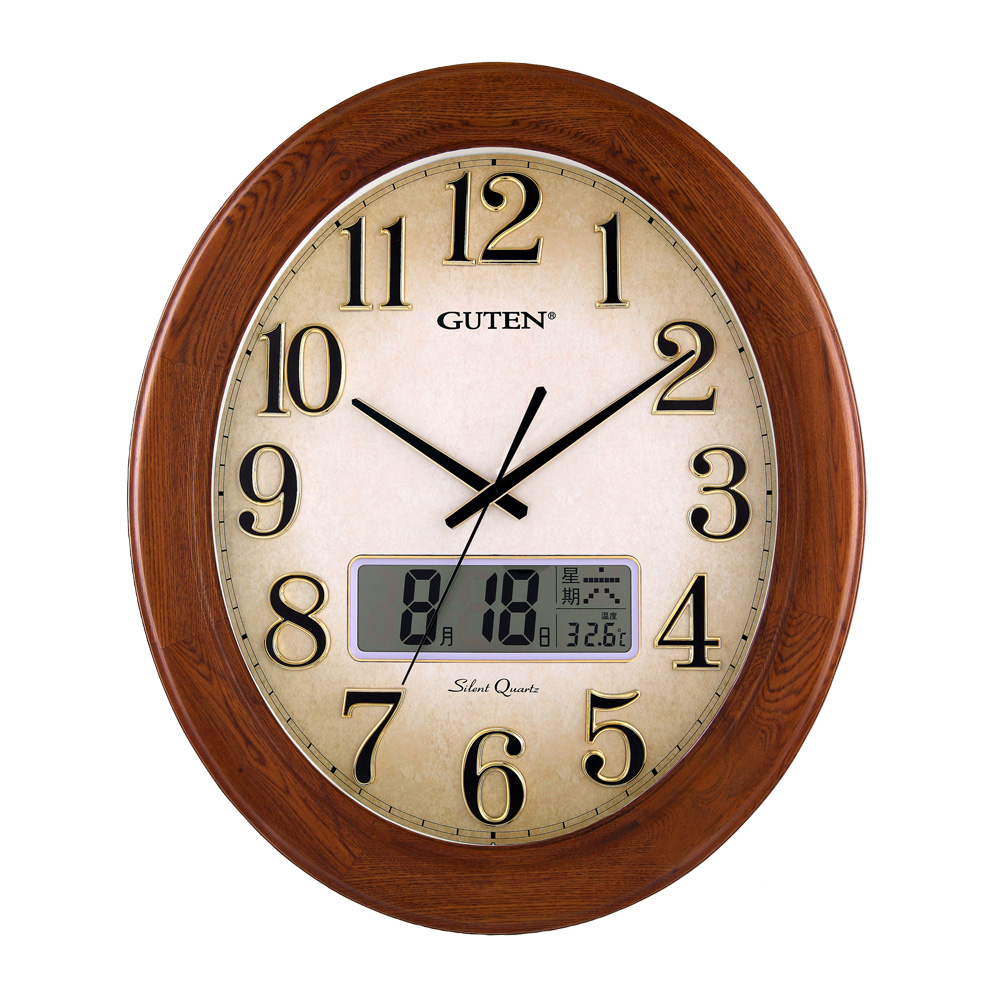 金钟宝椭圆形实木挂钟欧式复古石英钟日历温度静音挂钟