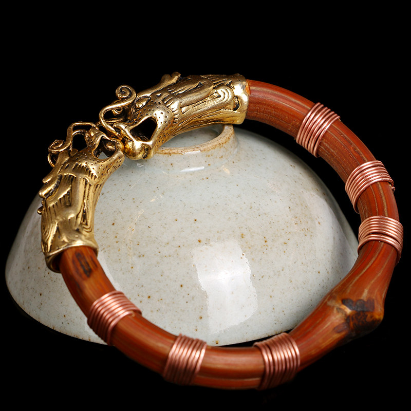 手镯文玩天然金刚包银镶嵌黄铜双龙龙头男女手镯