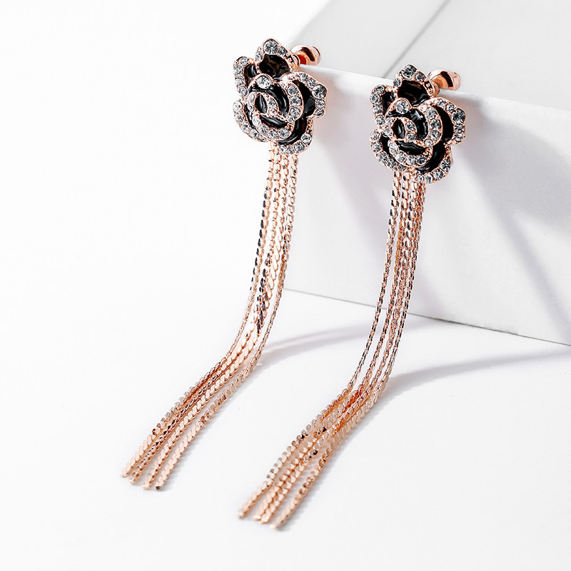 925银针耳坠一款两戴玫瑰花流苏耳环女 韩国版长款时尚耳夹耳饰品