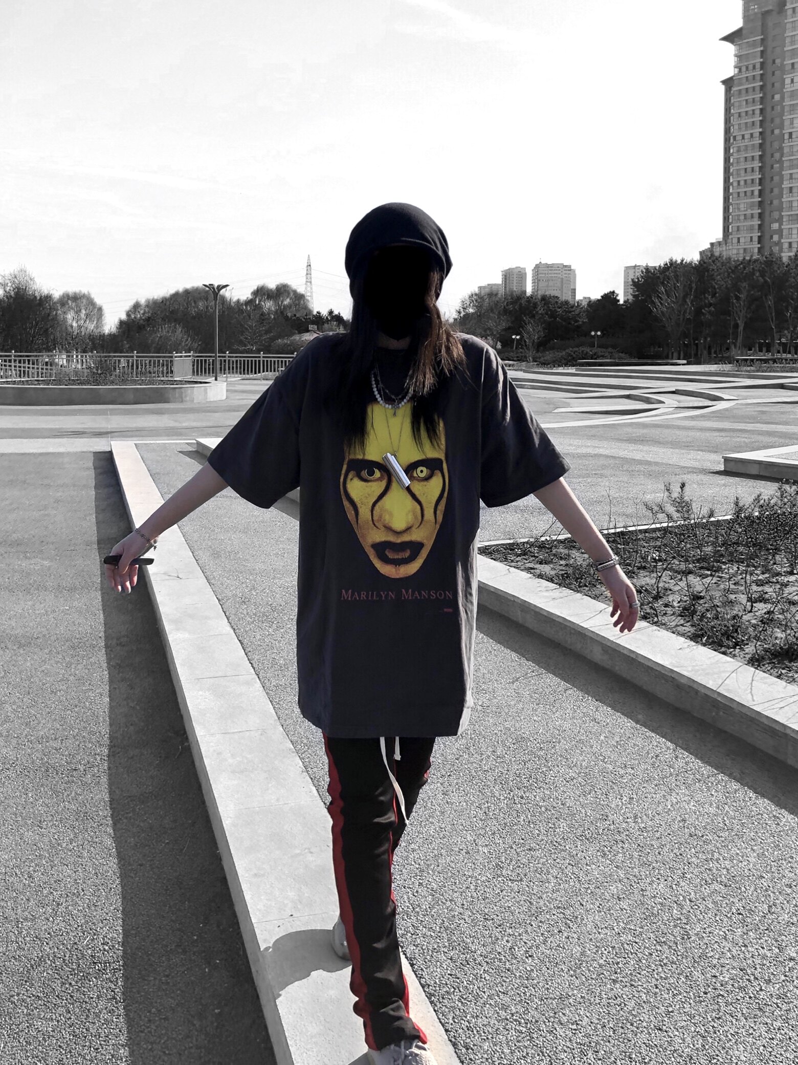 vintage复古marilynmanson玛丽莲曼森水洗做旧龟裂休闲t恤