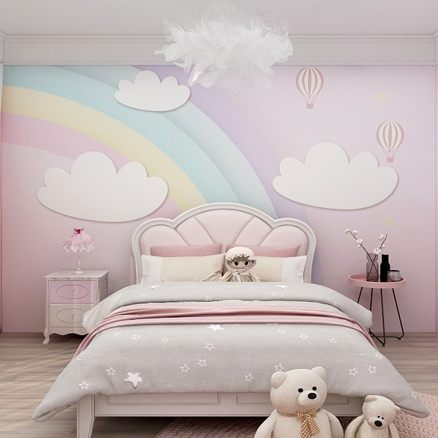 女孩卧室彩虹背景墙床头粉色气球云朵墙纸壁布定制壁画