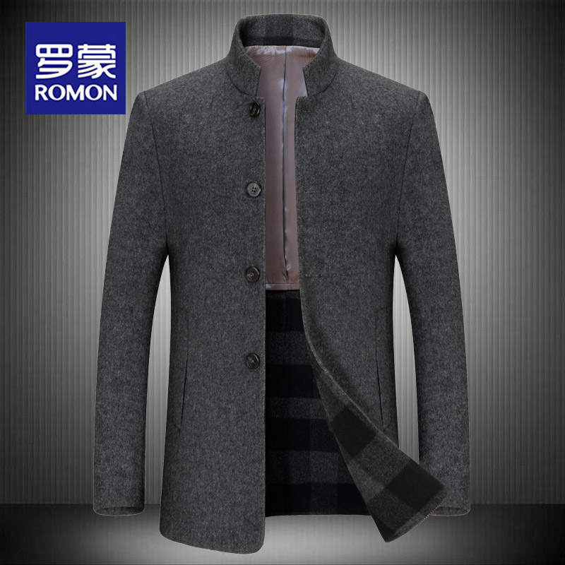 罗蒙秋冬外套立领中年男士夹克双面呢中山装商务唐装休闲羊毛外衣