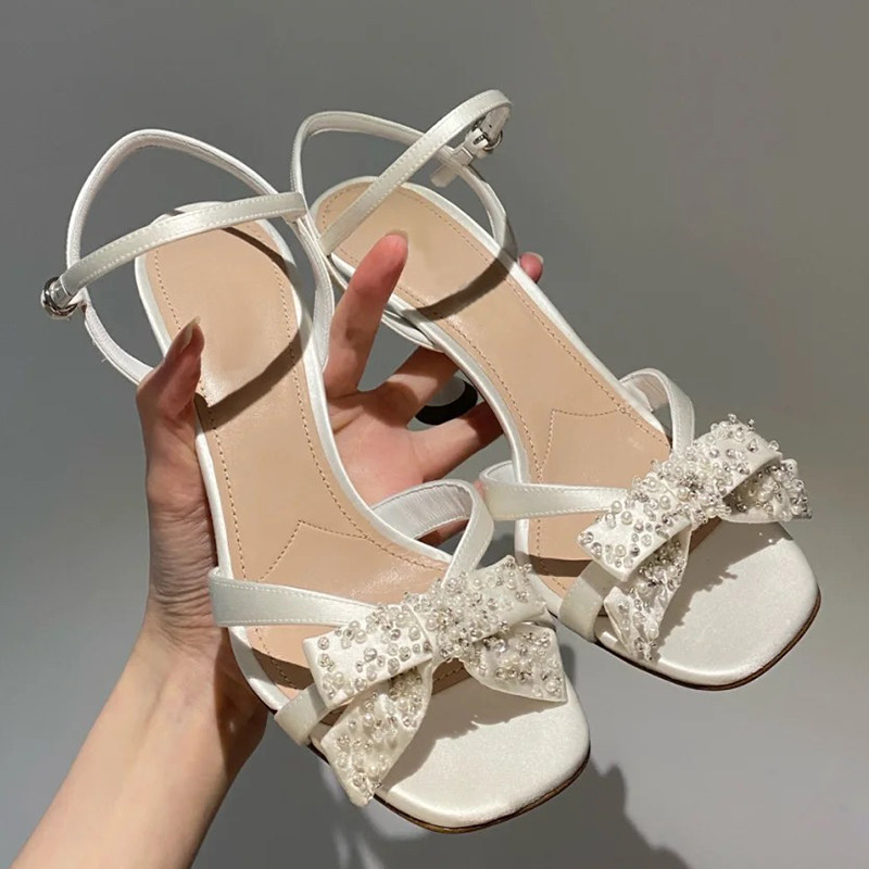 网红2021新款春夏miu凉鞋高跟鞋蝴蝶结细带少女时装凉鞋