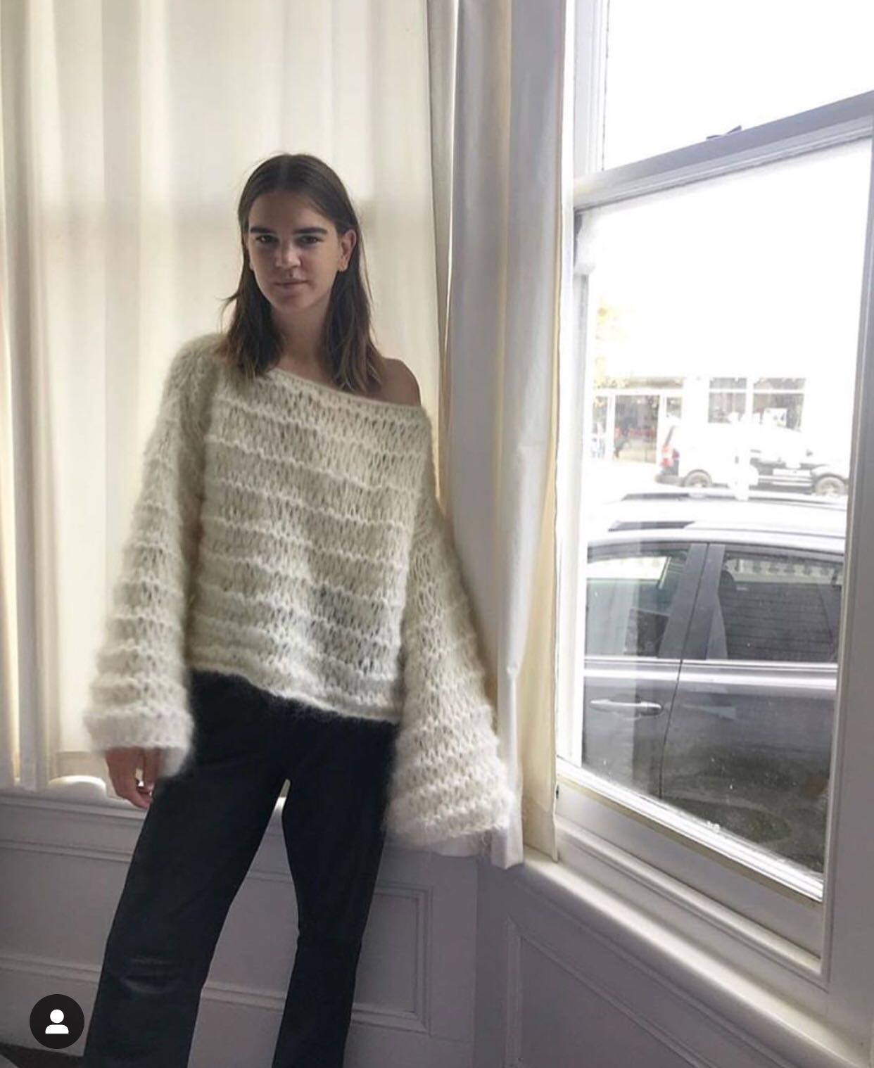 白色马海毛手工棒针编织慵懒一字百搭款女毛衣