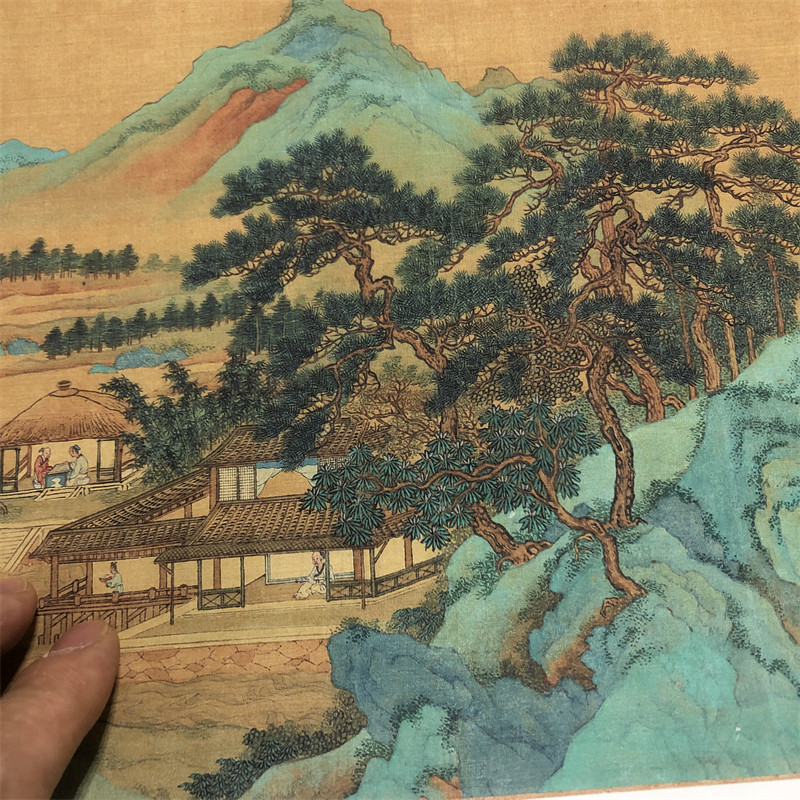 仇英楼阁图卷名家重彩青绿山水画长卷真迹复制品国画