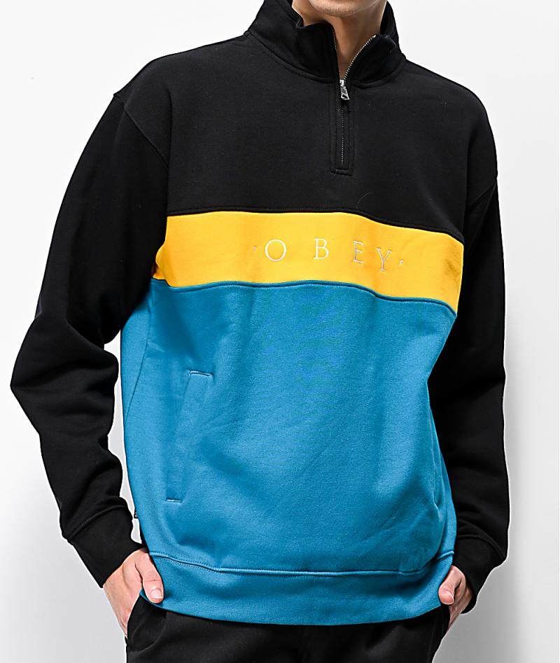 obey男卫套头半拉拉链拼色休闲舒适保暖长袖卫衣