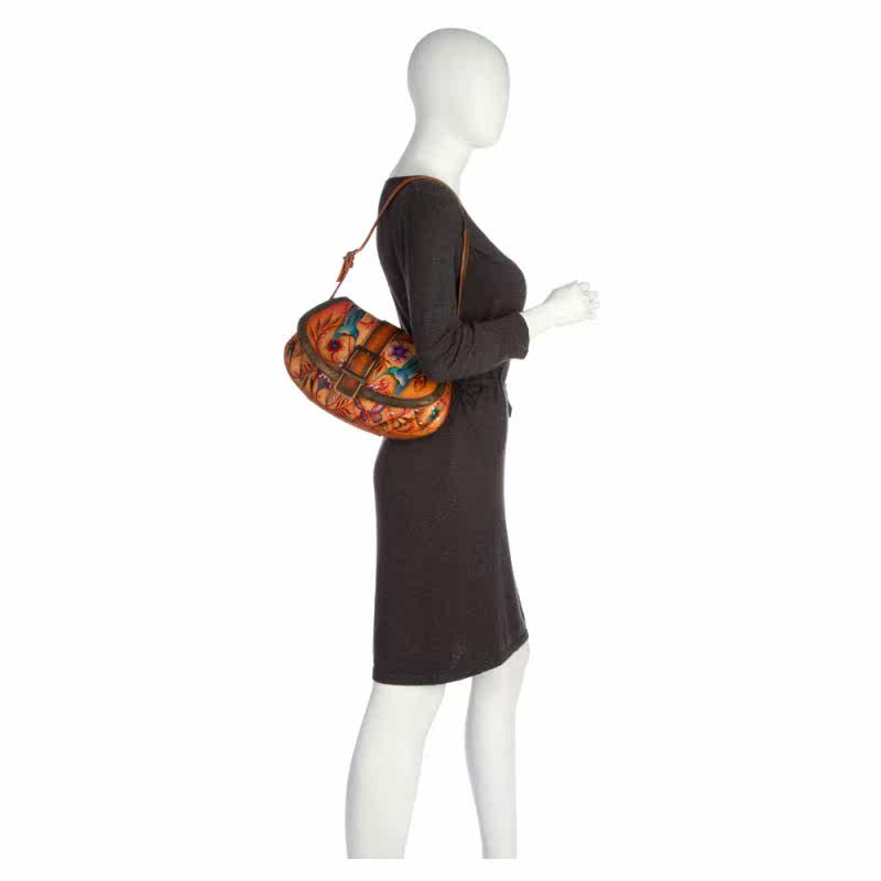 美国直邮440183 anuschka女包小号单肩包手绘植物花卉皮包马鞍包