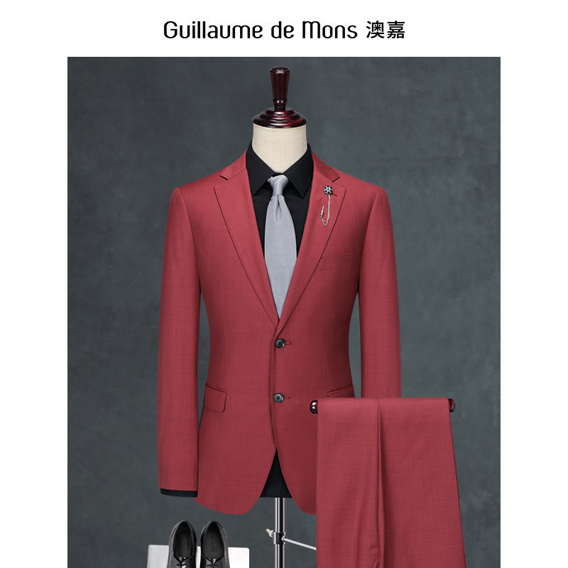 【澳嘉】新郎结婚礼服修身西装男套装西服红色男士商务正装伴郎服