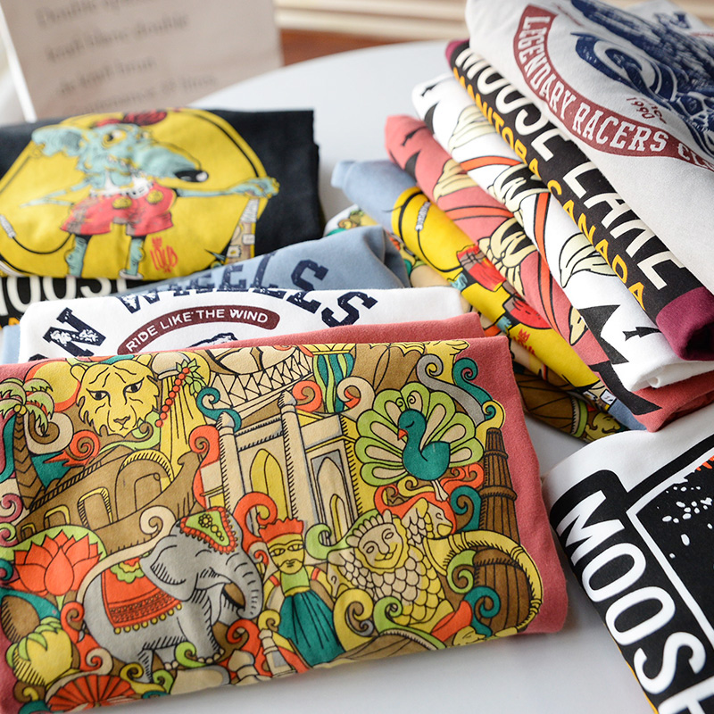 出口HK纯棉印花短袖t恤男 夏季宽松街头圆领套头休闲半袖打底衫潮