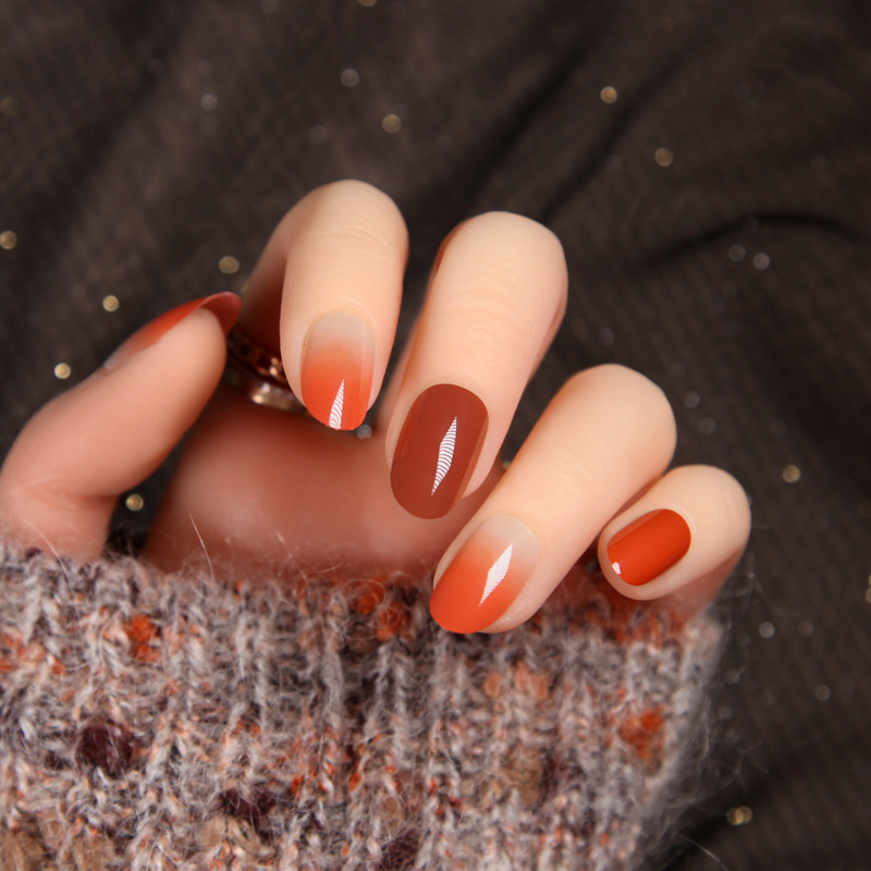 橘色成品美甲穿戴日式新款渐变款圆头指甲中长美甲工具
