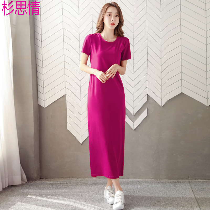 夏季全棉超长款过膝盖懒人t恤裙女显瘦开叉纯棉连衣裙到脚踝长裙