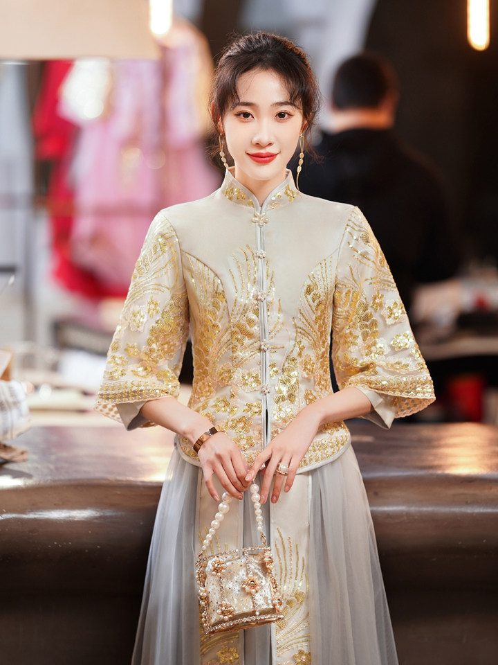 伴娘中式2021秋冬新款婚礼长裙闺蜜姐妹礼服礼服