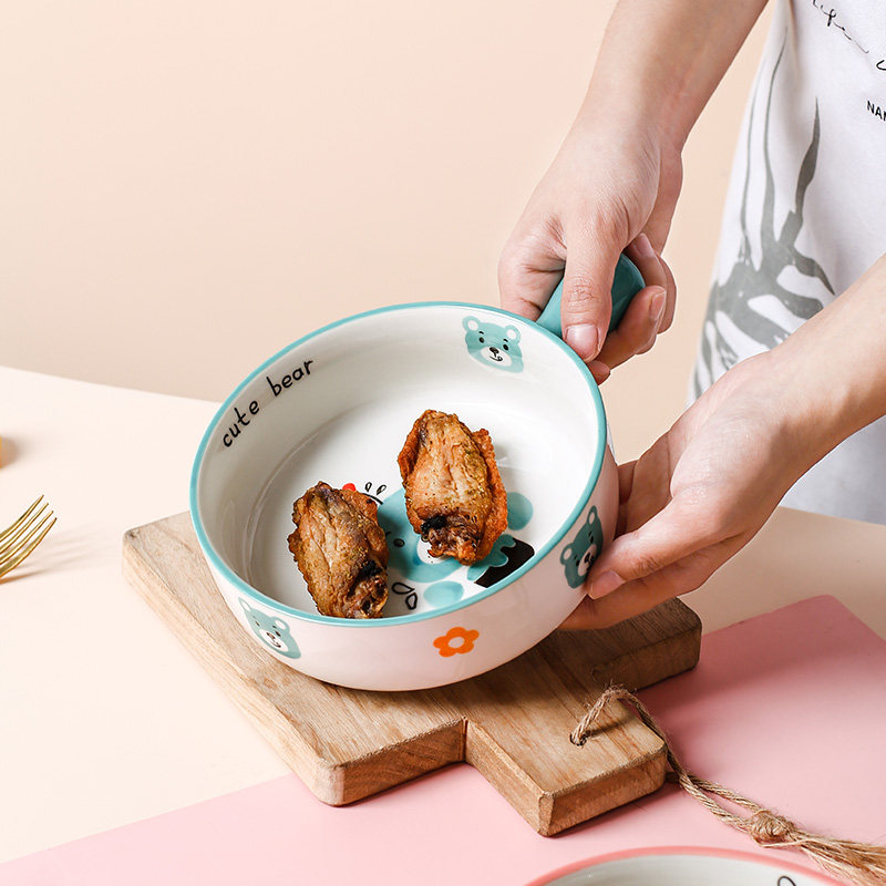 陶瓷厨美卡通釉下手柄碗烤碗烘焙家用饭碗可爱碗
