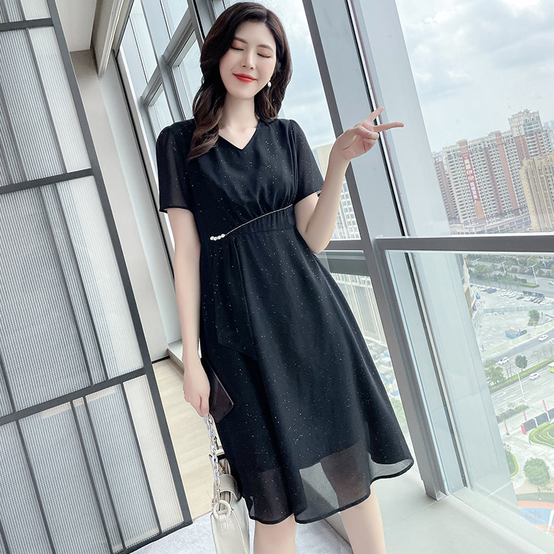 奢姿大码女装夏韩版通勤风胖妹妹气质小黑裙烫银大码女装