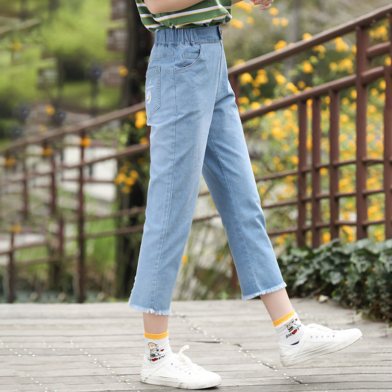 初中生中裤女孩14岁筒裤夏装少女高腰牛仔夏季牛仔裤