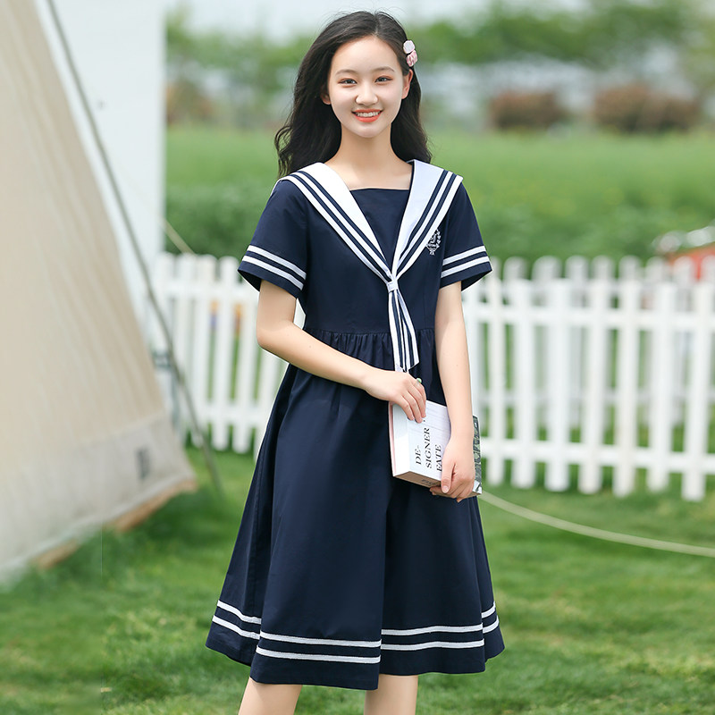 日系少女连衣裙学院风初中学生高中女生夏装jk海军领长款过膝裙子