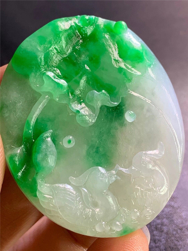 老坑冰阳鸳鸯牌翡翠玉项坠天然水润冰透翡翠颈饰