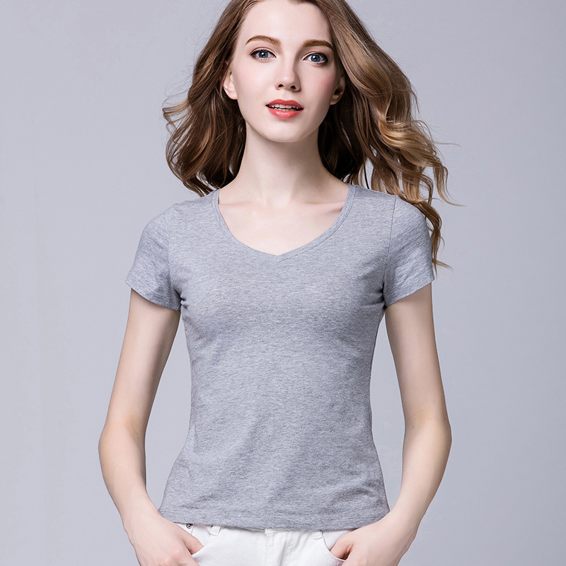 黑色莫代尔棉短袖t恤女v领短款上衣夏百搭修身显瘦纯色半袖打底衫