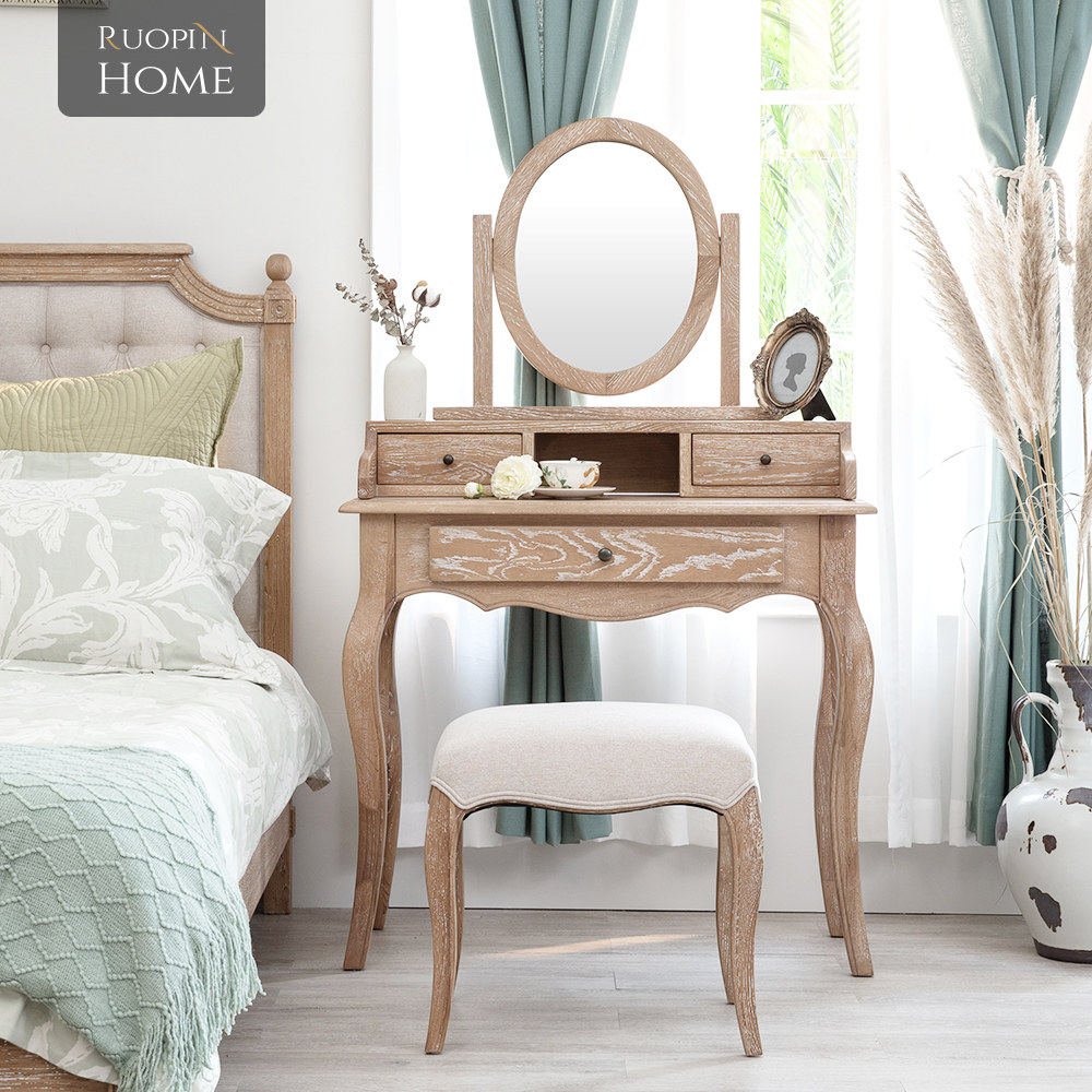 复古美式乡村法式美白橡木卧室实木梳妆台