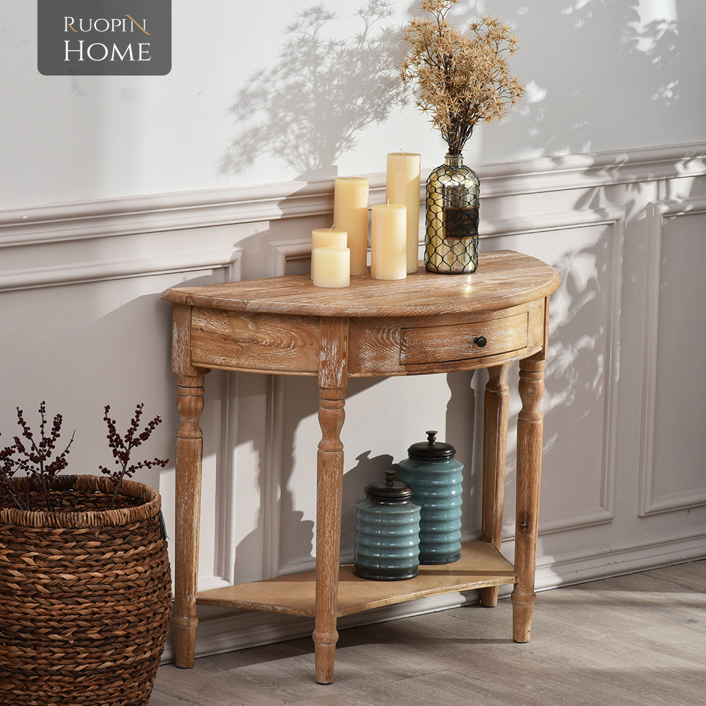 玄关美式圆桌半圆做旧复古实木橡木法式美白玄关台