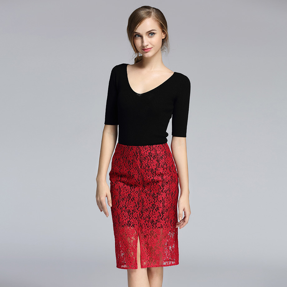 尘颜新款优雅修身蕾丝透视镂空开叉半裙短裙女裙a883