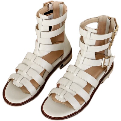 欧美新款真皮罗马凉鞋镂空中筒希腊靴平底女鞋后拉链金属扣凉靴