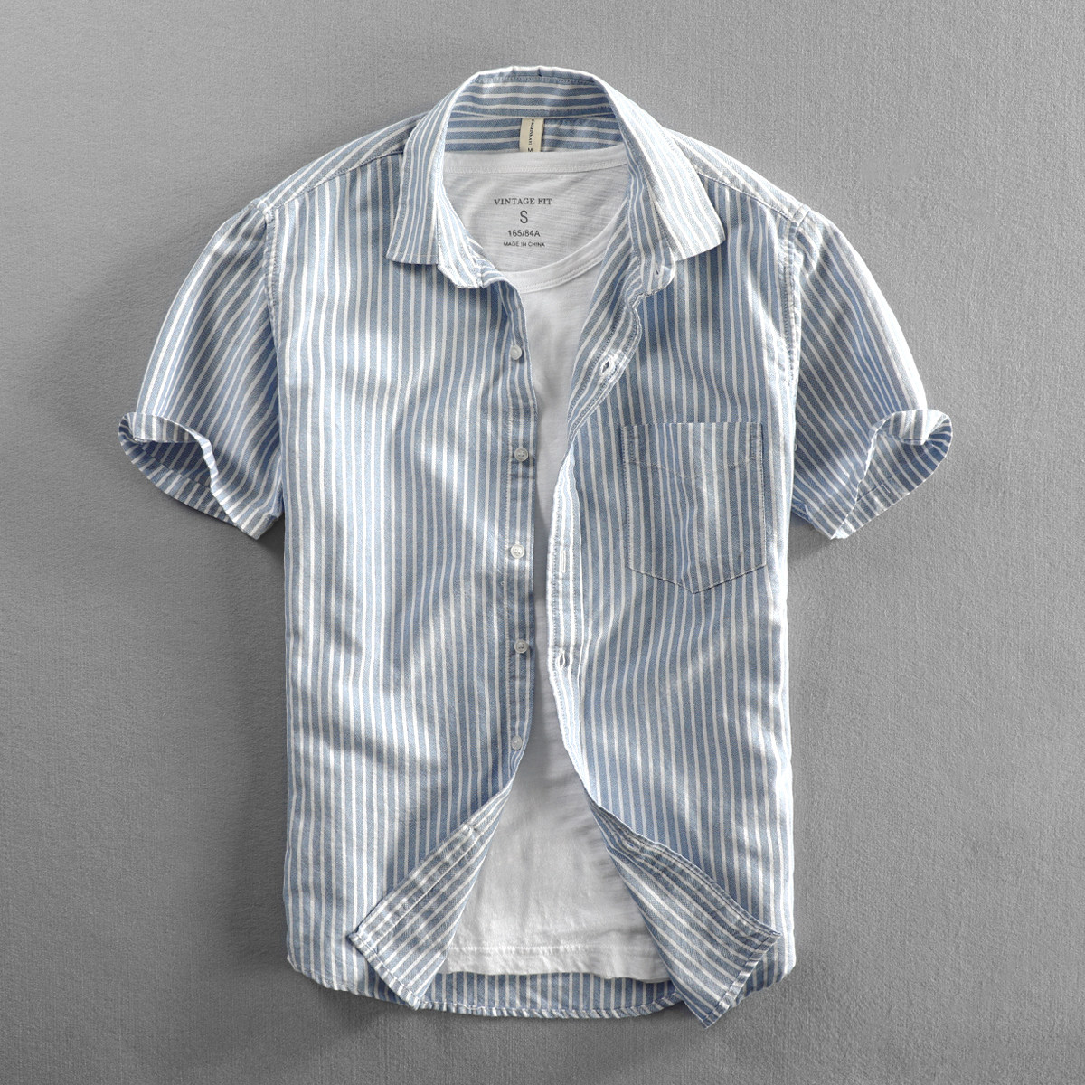 夏季牛津条纹短袖衬衫男士纯棉休闲青年宽松衬衫