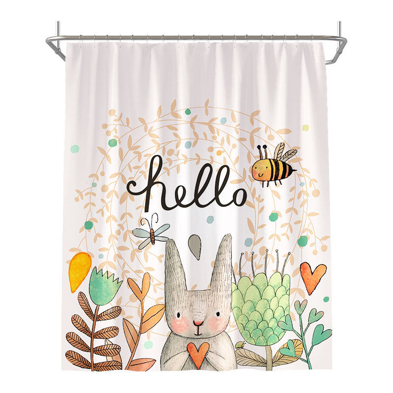 卡通可爱浴帘卫生间加厚防霉防水布浴室隔断挂帘套装免打孔伸缩杆