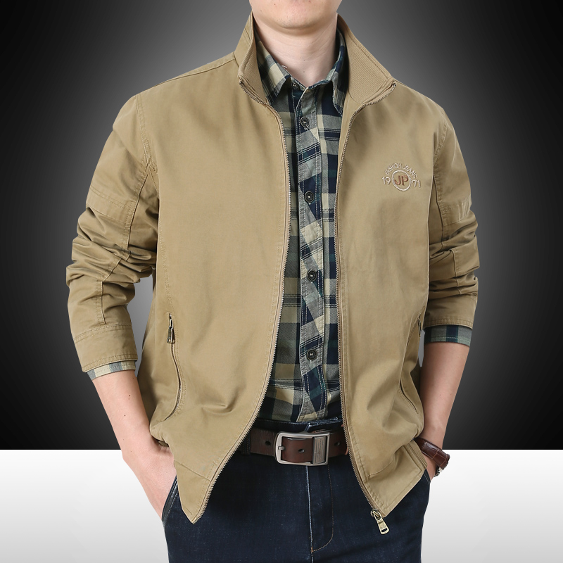 春季夹克男纯棉宽松大码春秋薄款上衣立领男装中年商务休闲外套男