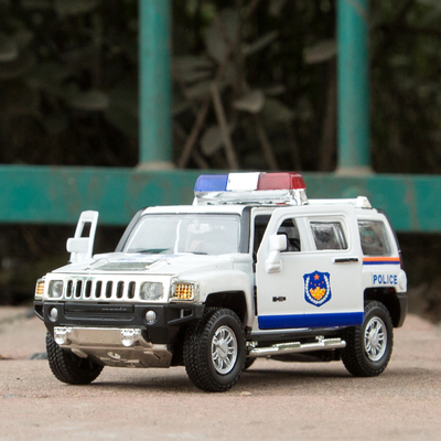 彩珀1:32悍马h3警车越野警车公安吉普车 合金汽车玩具回力声光