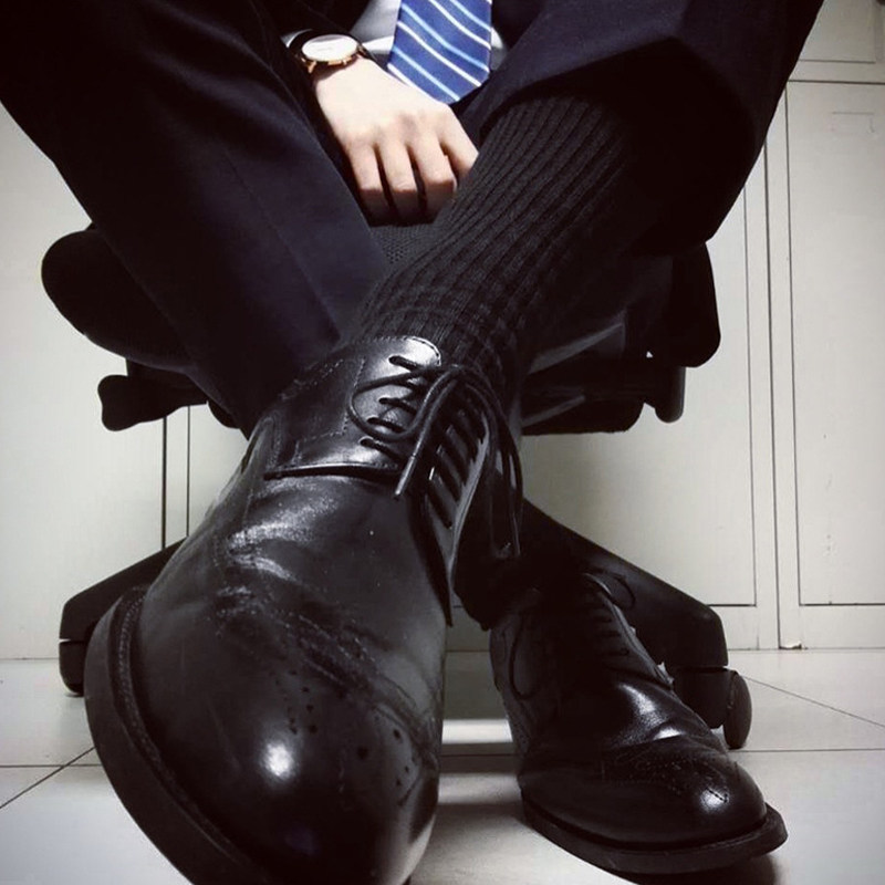 条纹商务纯棉中筒西装正装男gay黑色吸汗透气中筒袜