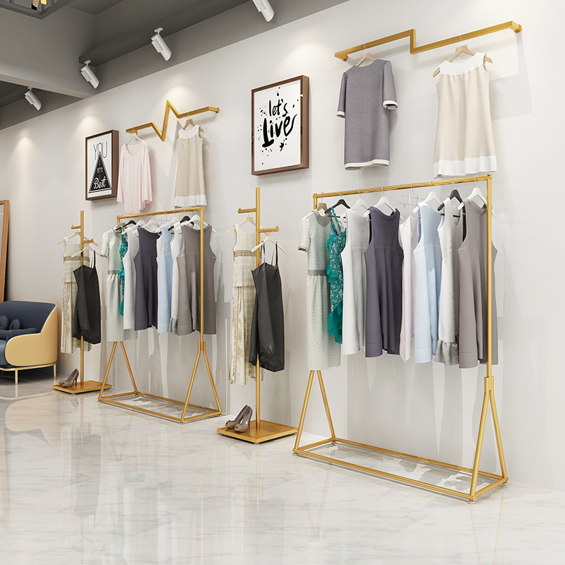 服装店展示架金色女装店铺组合铁艺落地式挂衣服陈列卧室衣帽架