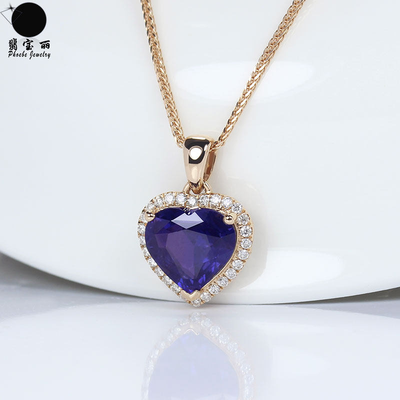 1克拉无烧紫色蓝宝石心形吊坠18k玫瑰金镶南非颈饰