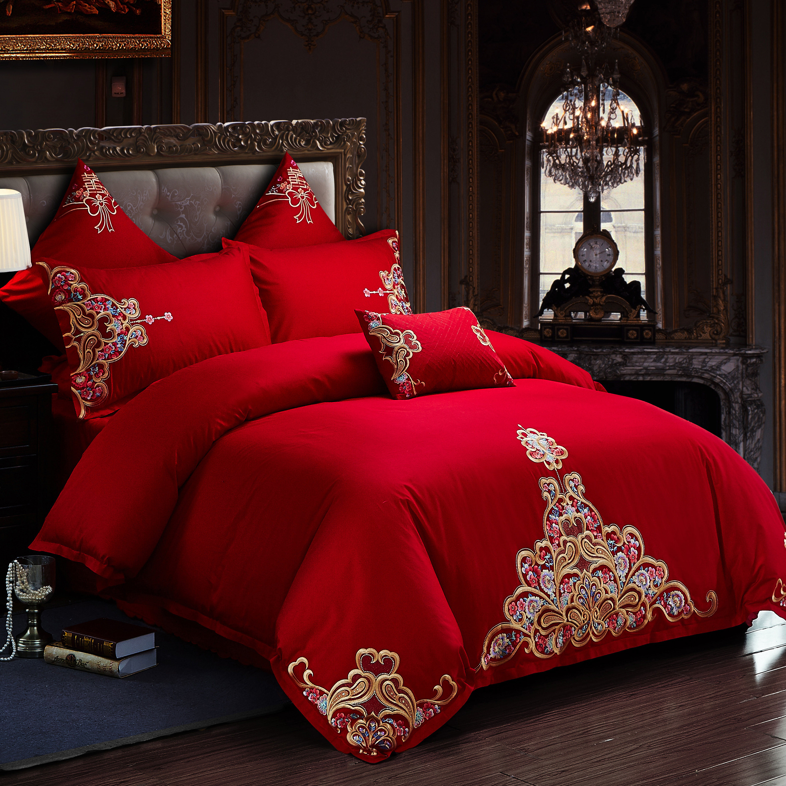 件套绣花夫人纯棉床品结婚新结婚婚庆刺绣全棉红色婚庆床品套件