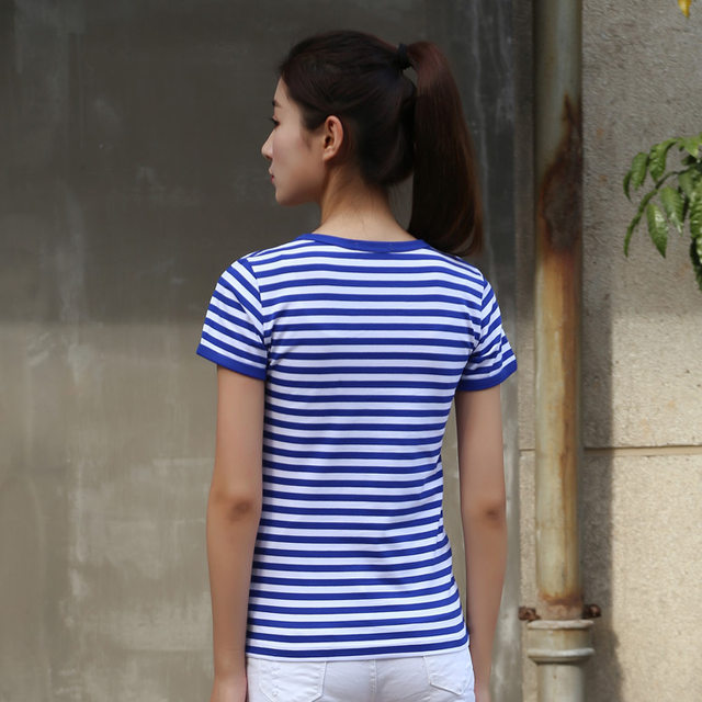 Summer sea soul shirt short-sleeved t-shirt women's blue and white stripes pure cotton round neck slim fit couple models parent-child half sleeves Summer sea soul shirt short-sleeved t-shirt women's blue and white stripes pure cotton round neck slim fit couple models parent-child half sleeves