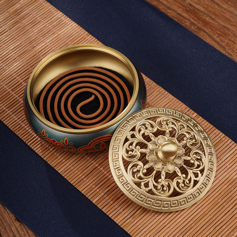 香炉普云盘香彩绘金莲纯铜平底家用室内沉香香薰炉